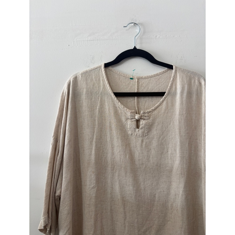 Minibee Linen Cotton Blend Oversized Tunic Top Beige Frog Button Keyhole Blouse - Picture 2 of 9